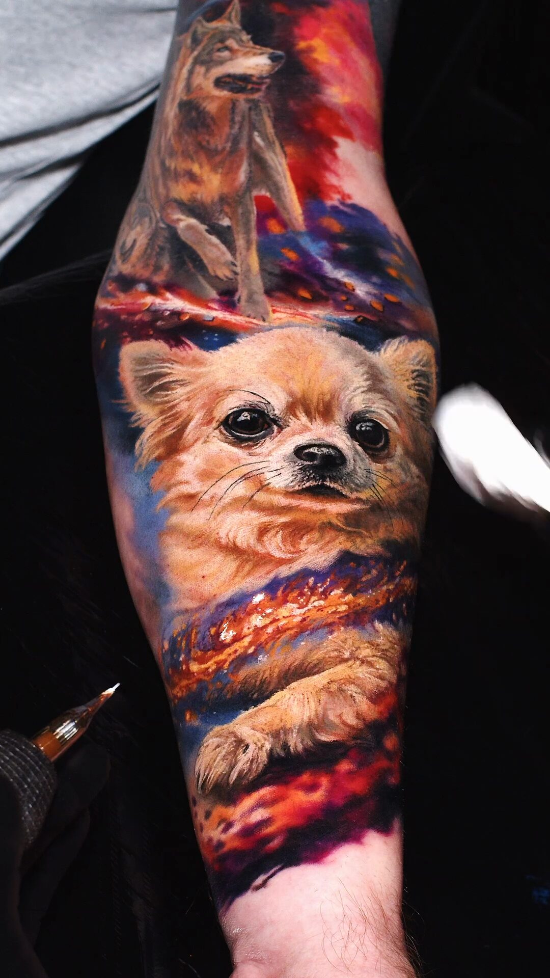 Hund und Wolf in der Galaxie – realistisches Tattoo am Unterarm