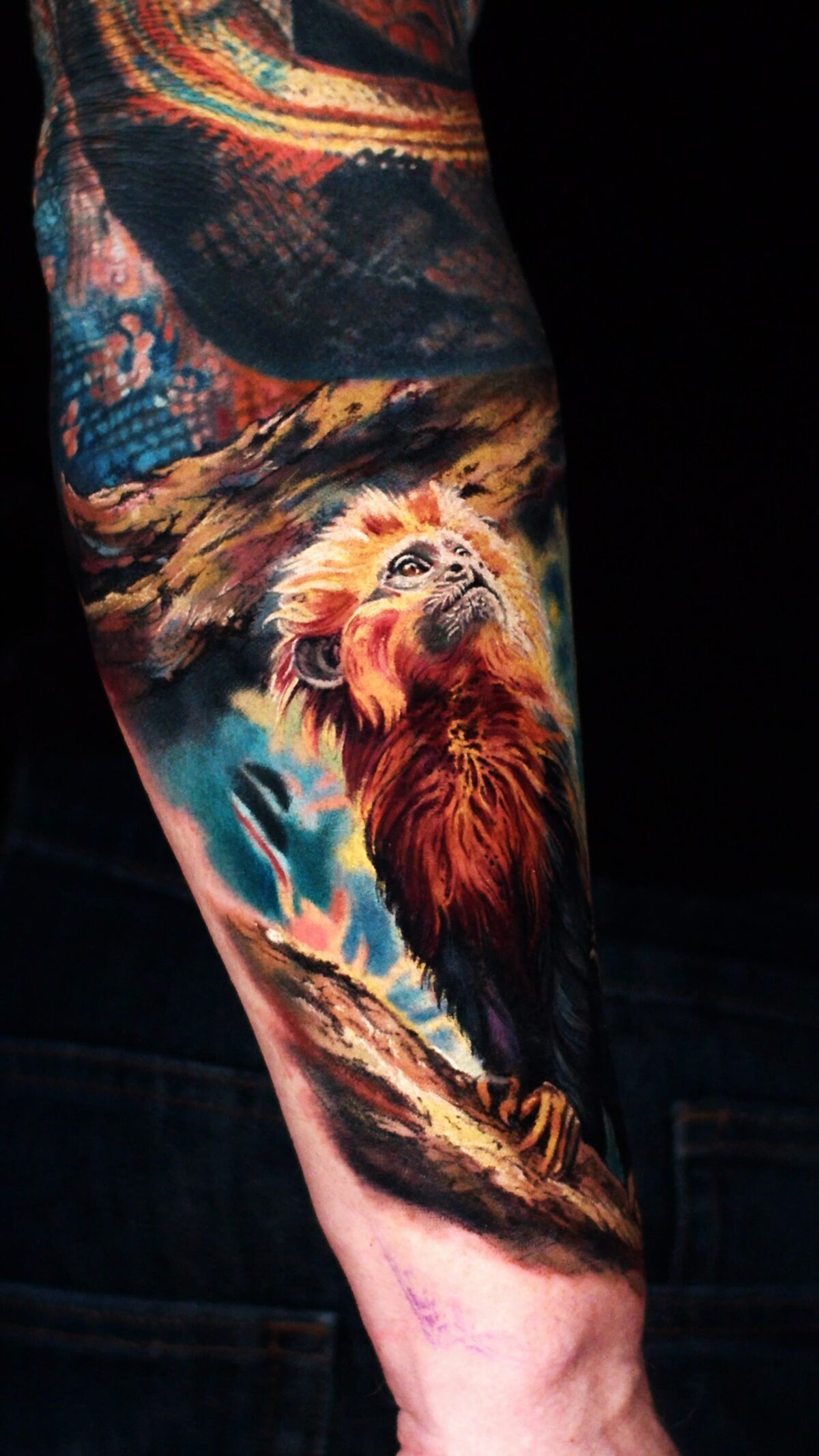 Realistisches Löwenäffchen-Tattoo auf dem Unterarm